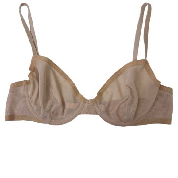 Victoria's Secret Mesh Bralette 36B Nude Sheer Logo Band - Picture 1 of 7